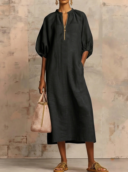Elegante Vestido Midi Suelto de Lino y Algodón con Cremallera
