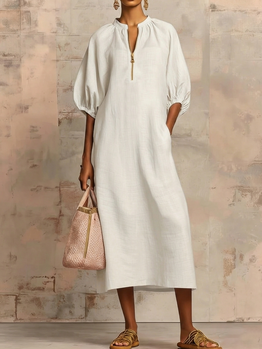 Elegante Vestido Midi Suelto de Lino y Algodón con Cremallera