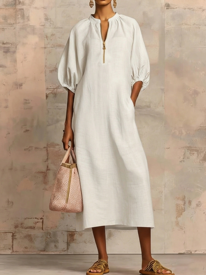 Elegante Vestido Midi Suelto de Lino y Algodón con Cremallera