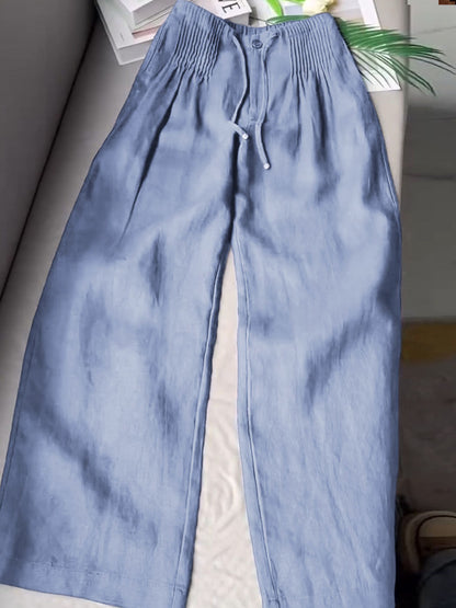 Women's Solid Color Pleated Drawstring Casual Cotton and Linen Wide Leg Pants