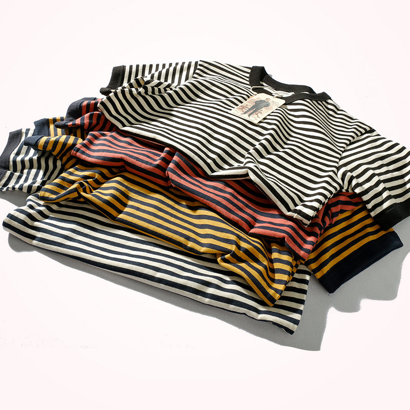Vintage Double Yarn Pure Cotton Round Neck Striped Short-Sleeved T-Shirt