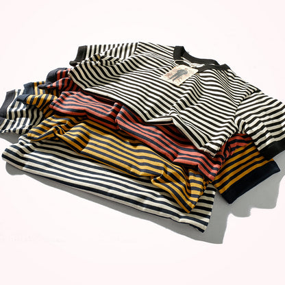 Vintage Double Yarn Pure Cotton Round Neck Striped Short-Sleeved T-Shirt