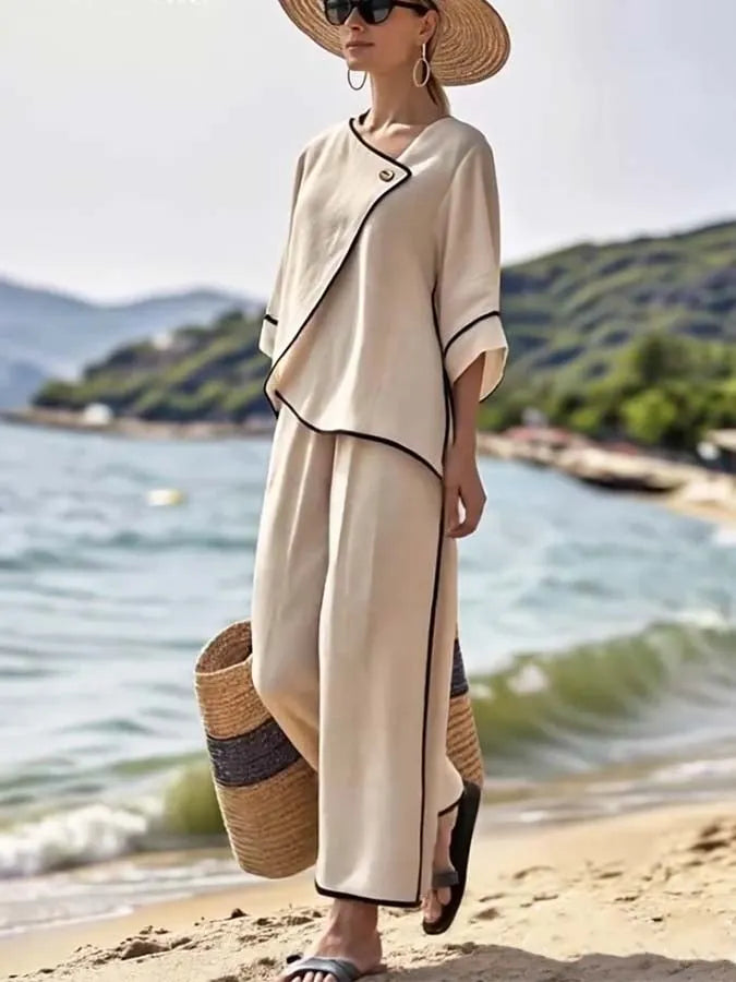 Women'S Loose Striped Printed Wide Leg Pants Set
