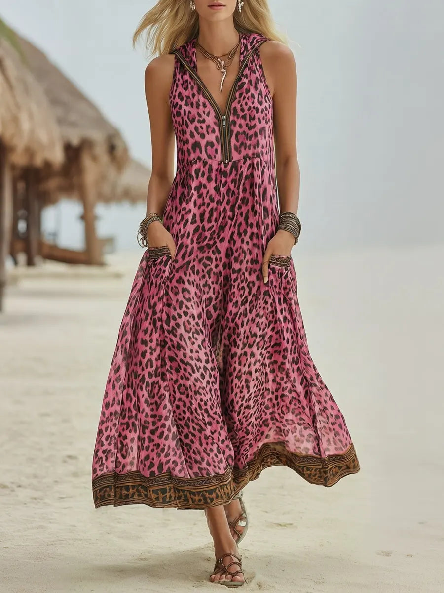 Women's Retro Casual Green Leopard Print Art Hooded Midi Dress