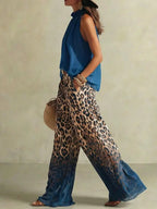 Women's Retro Sleeveless Stylish Casual Top And Leopard Art Pants Suits