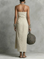 Women's Elegant Strapless Ruched Linen Cotton Dress