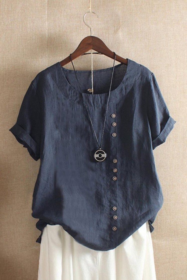 Round Neck Solid Color Buttons Short Sleeves T-shirt