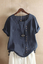 Round Neck Solid Color Buttons Short Sleeves T-shirt
