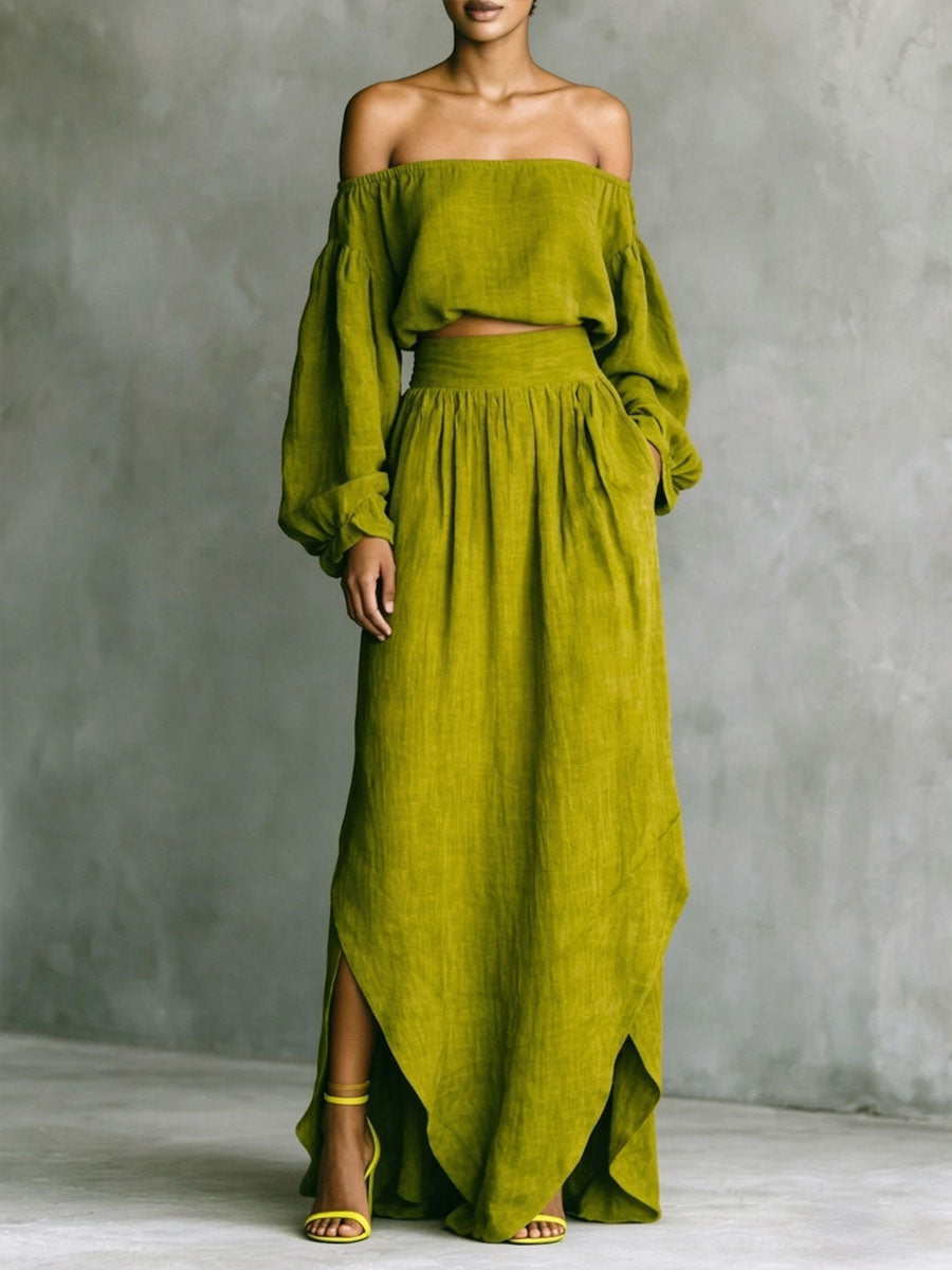 Women's Casual Cotton-linen Two-piece Set: Off-shoulder Top And Asymmetrical Skirt