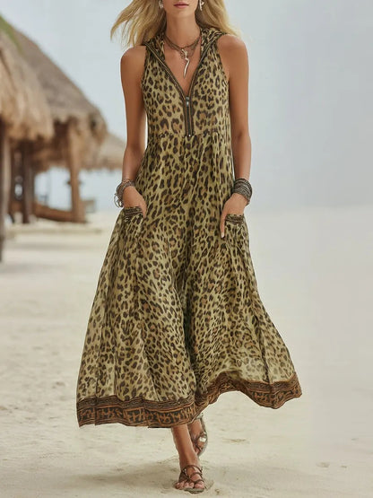 Women's Retro Casual Green Leopard Print Art Hooded Midi Dress