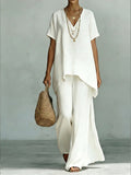 Classic Casual Short-sleeved Linen And Cotton Top And Wide-leg Pants Two-piece Set