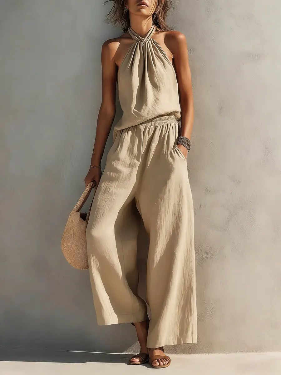 Women's Casual Halter Top And Wide-leg Pants Cotton And Linen Set
