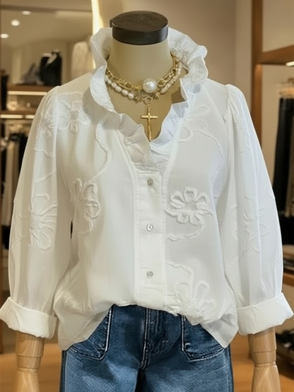 Casual Romantic Ruffled Collar Cotton Shirt