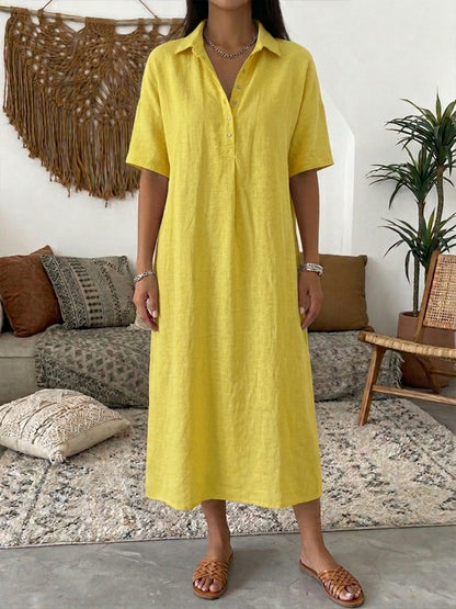 Vestido polo de algodón y lino para mujer – Vestido de verano informal de manga corta