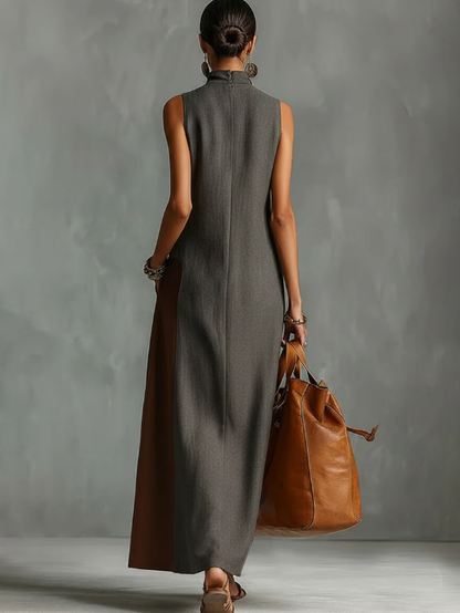 Fashionable Color-blocked Linen-cotton Maxi Dress