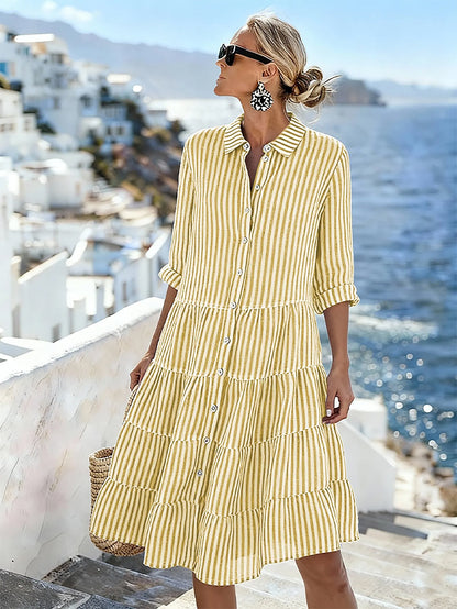 Robe décontractée en coton et lin à rayures contrastantes pour femmes
