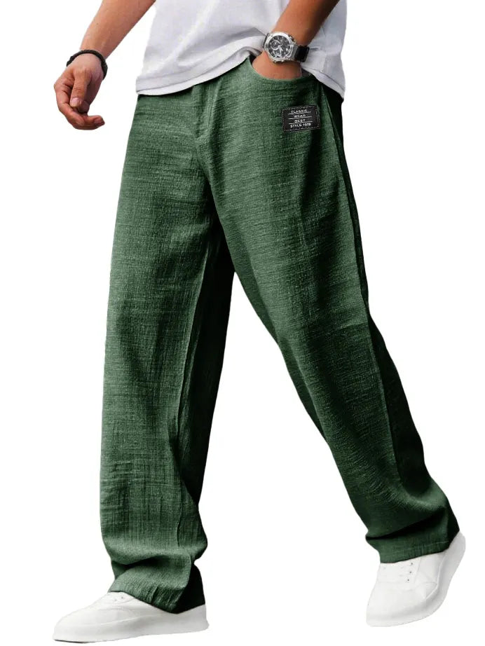 Men's Casual Hemp Fabric Embroidered Logo Drawstring Loose Elastic Waist Pocket Trousers