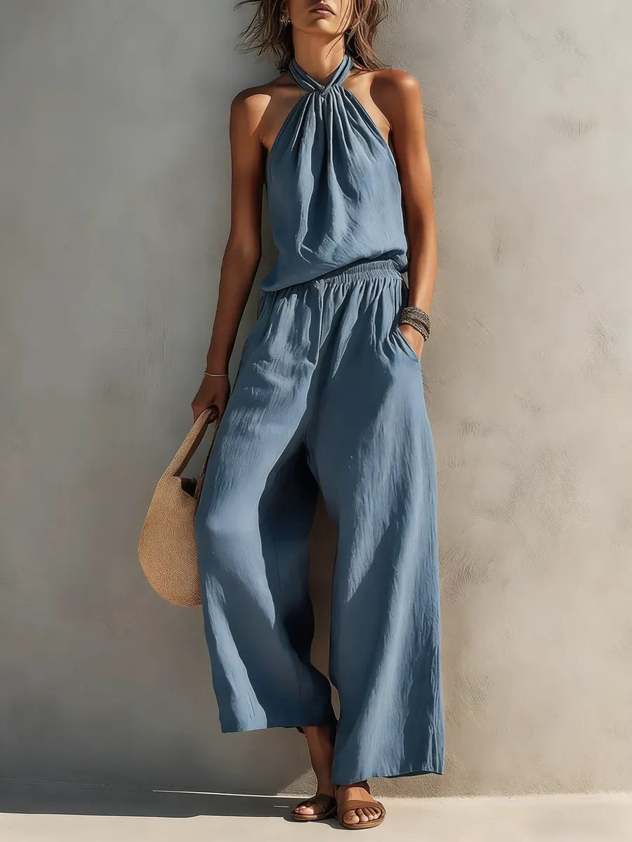 Women's Casual Halter Top And Wide-leg Pants Cotton And Linen Set