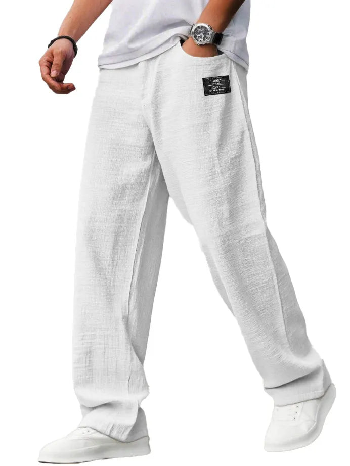 Men's Casual Hemp Fabric Embroidered Logo Drawstring Loose Elastic Waist Pocket Trousers
