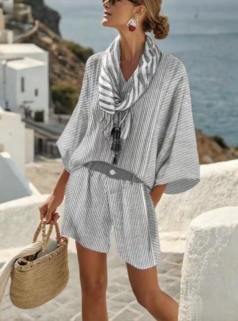 Women's Casual Cotton And Linen Holiday Striped Contrasting Print Loose Top Shorts Scarf Set