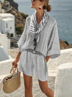 Women's Casual Cotton And Linen Holiday Striped Contrasting Print Loose Top Shorts Scarf Set