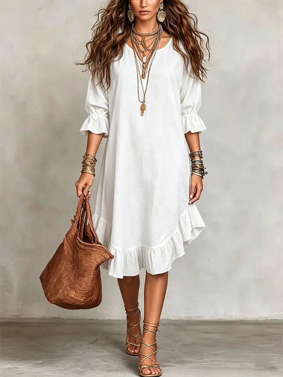 Women's Casual Loose-fitting Round Neck Ruffles Linen And Cotton Short-sleeved Dress