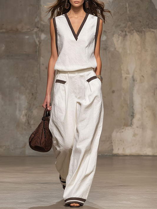 Conjunto casual de top y pantalón sin mangas de lino y algodón blanco con ribetes retro marrones