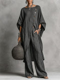 Women's Casual Two-piece Set: Side-slit Button-up Top And Loose-fit Pants