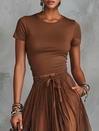 Stylish Stretch T-shirt And Lace-trimmed Skirt Two-piece Set