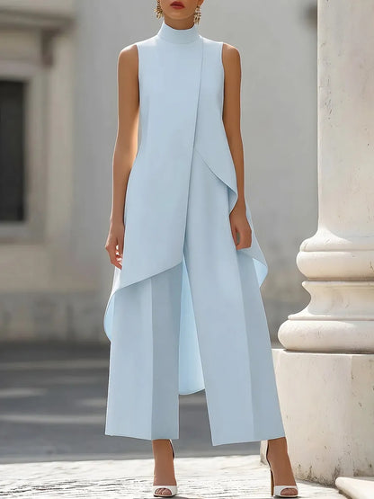 Women's Solid-color Cotton-linen Set: Stand-collar Sleeveless Top & High-waisted Wide-leg Pants