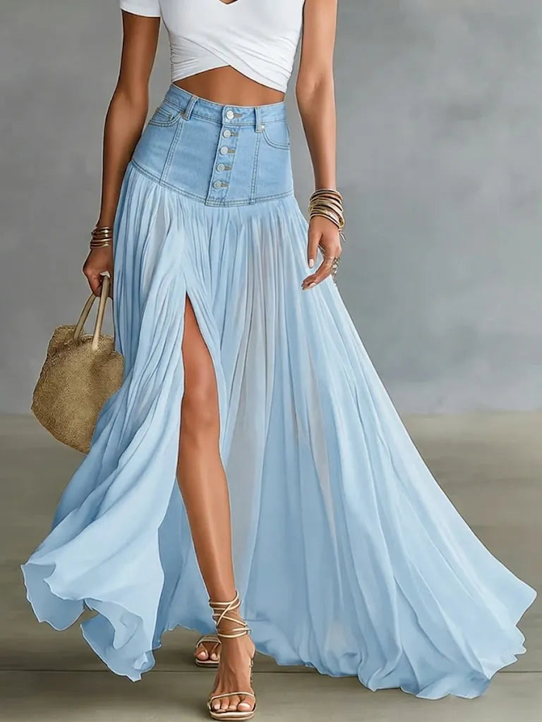 Casual Spliced chiffon And Denim Skirt