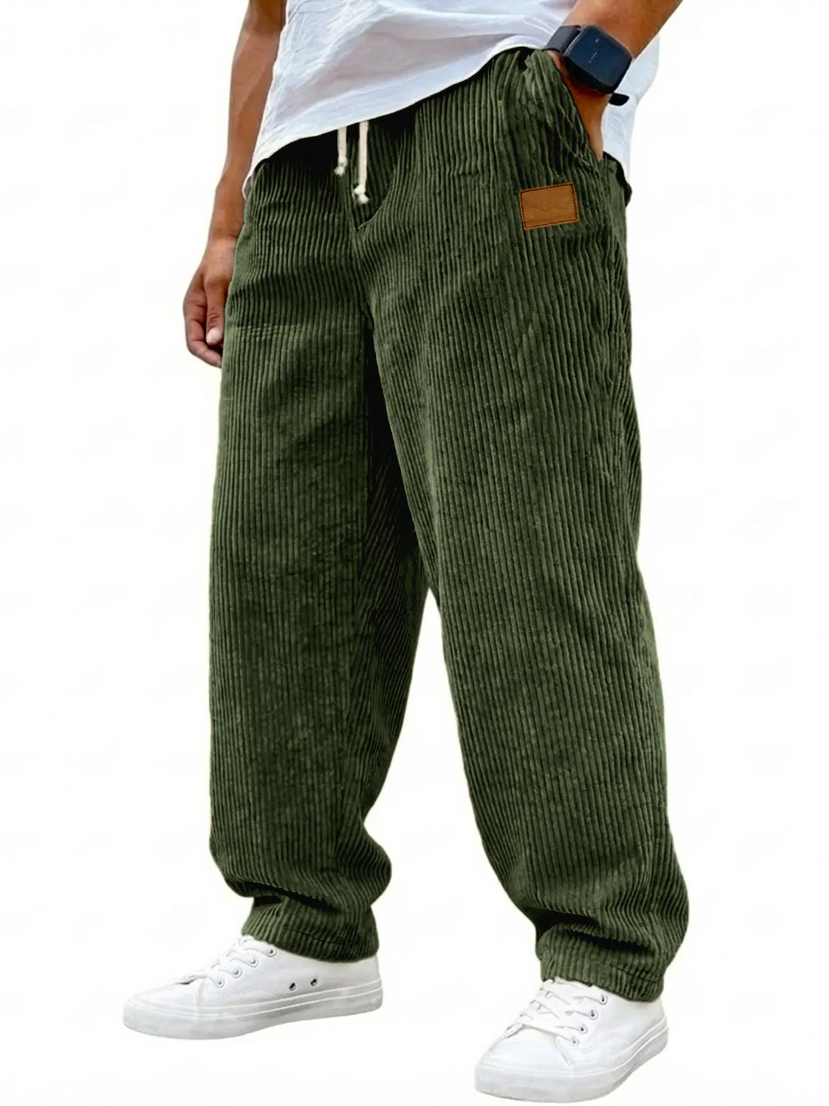Men's Vintage Corduroy Texture Casual Drawstring Embroidered Label Trousers