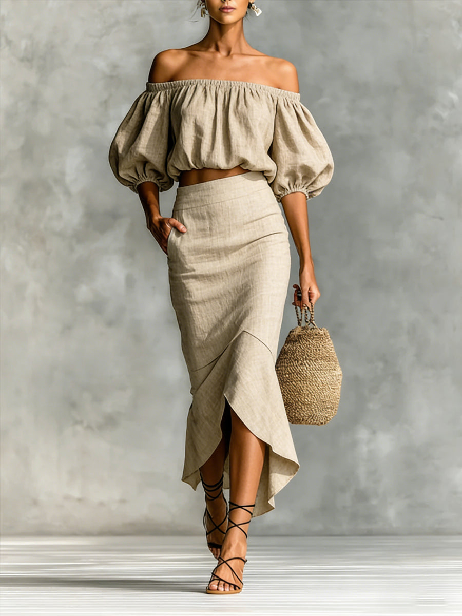 Women's Minimalist Cotton-linen Blend Off-shoulder Skirt Set