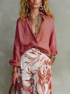 Women's Floral Casual Stylish Art Print Long Sleeve Shirt Top And Skirt Set