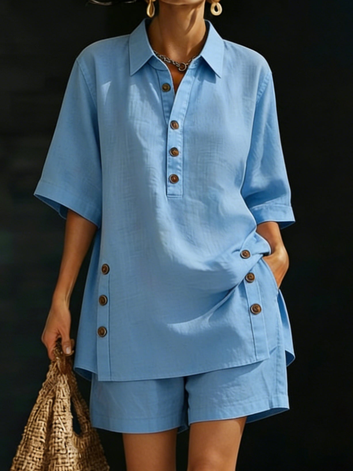 Cozy Loose-fitting Button Shirt And Shorts Linen Two-piece Set