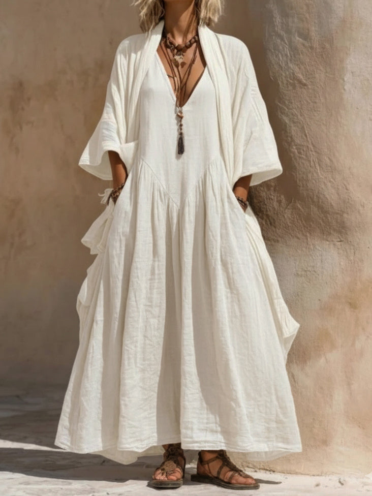 Ensemble deux pièces décontracté bohème en coton et lin : cardigan et robe