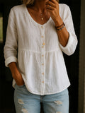 Women's Linen Cotton Blend Shirt - 3/4 Sleeve Crew Neck Loose Hip-Length Casual Blouse