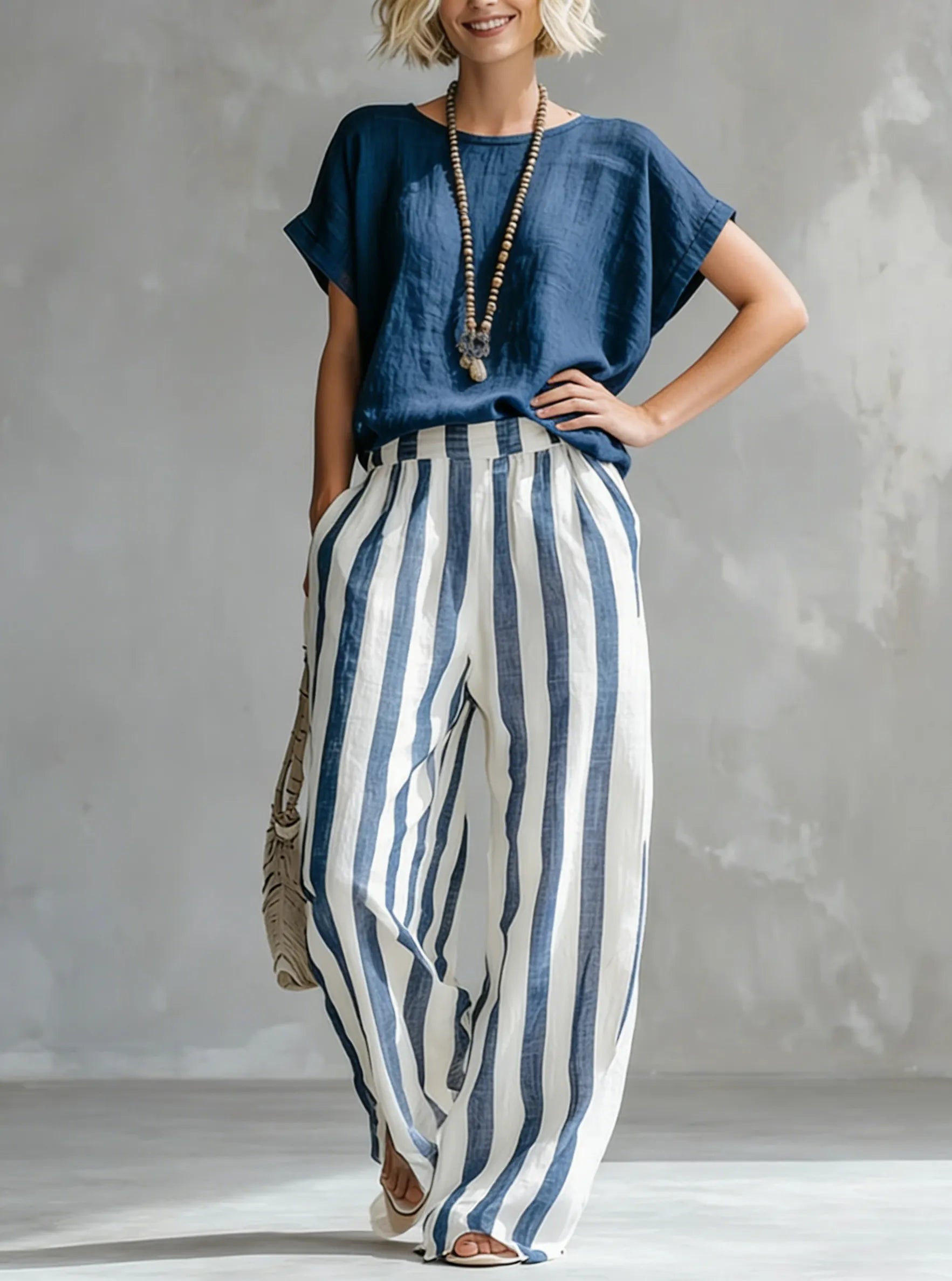 Cozy Loose-fit Striped Cotton-linen Two-piece Set