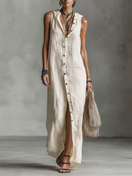 Robe longue à capuche rétro unie en coton et lin pour femme