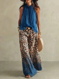 Women's Retro Sleeveless Stylish Casual Top And Leopard Art Pants Suits