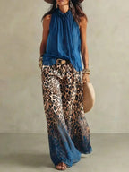 Women's Retro Sleeveless Stylish Casual Top And Leopard Art Pants Suits