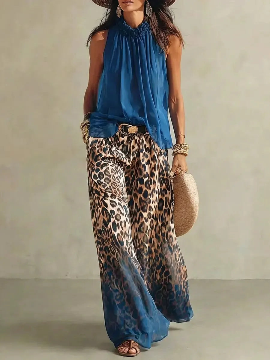 Women's Retro Sleeveless Stylish Casual Top And Leopard Art Pants Suits
