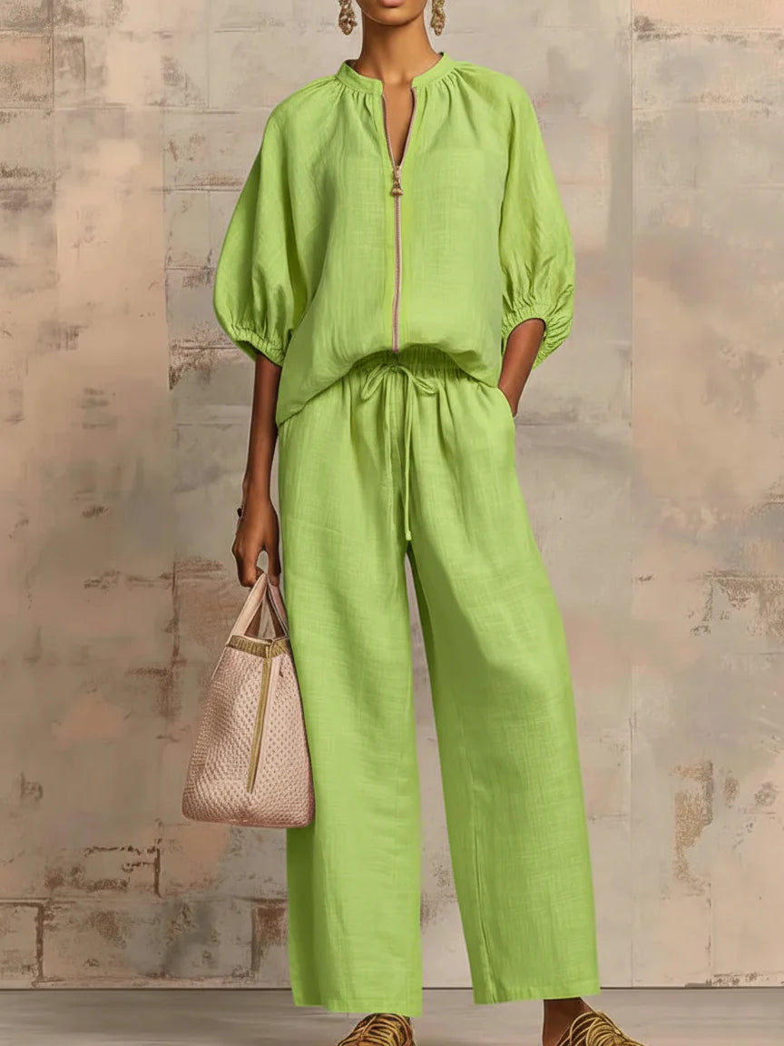 Ensemble deux pièces chemise décontractée et chic et pantalon large en lin et coton
