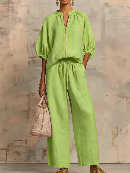 Ensemble deux pièces chemise décontractée et chic et pantalon large en lin et coton