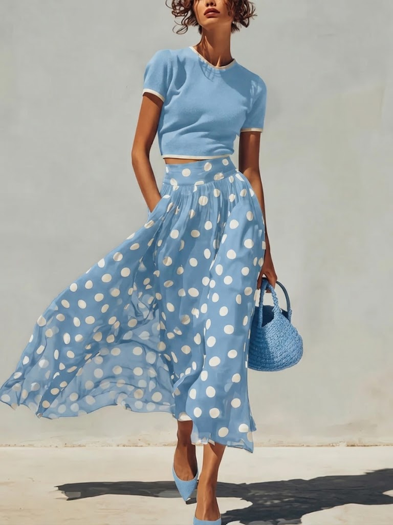 Stylish And Elegant Two-piece Set: Knitted Pullover Top And Polka-dot Skirt