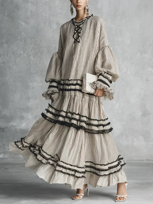 Robe longue décontractée en coton à rayures et à volants pour femme, idéale pour les vacances