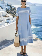 Women'S Casual Color-Block Cotton And Linen Dress