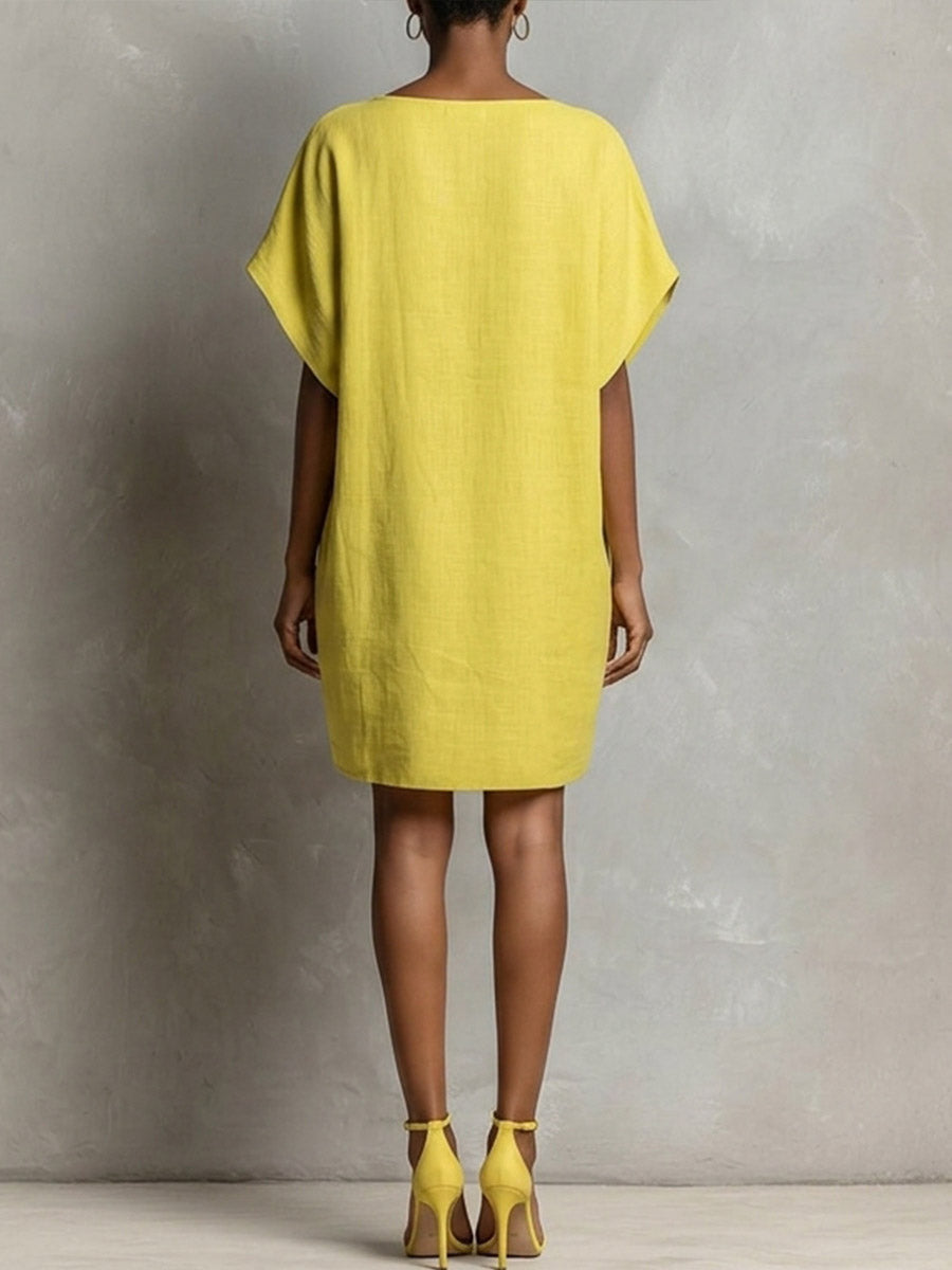 Women's Casual Loose-fit Round-neck Short-sleeve Cotton-linen Dress