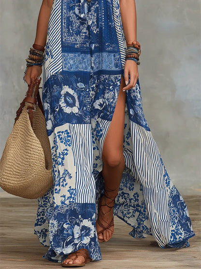 Robe longue décontractée en coton à imprimé floral ethnique rétro pour femme