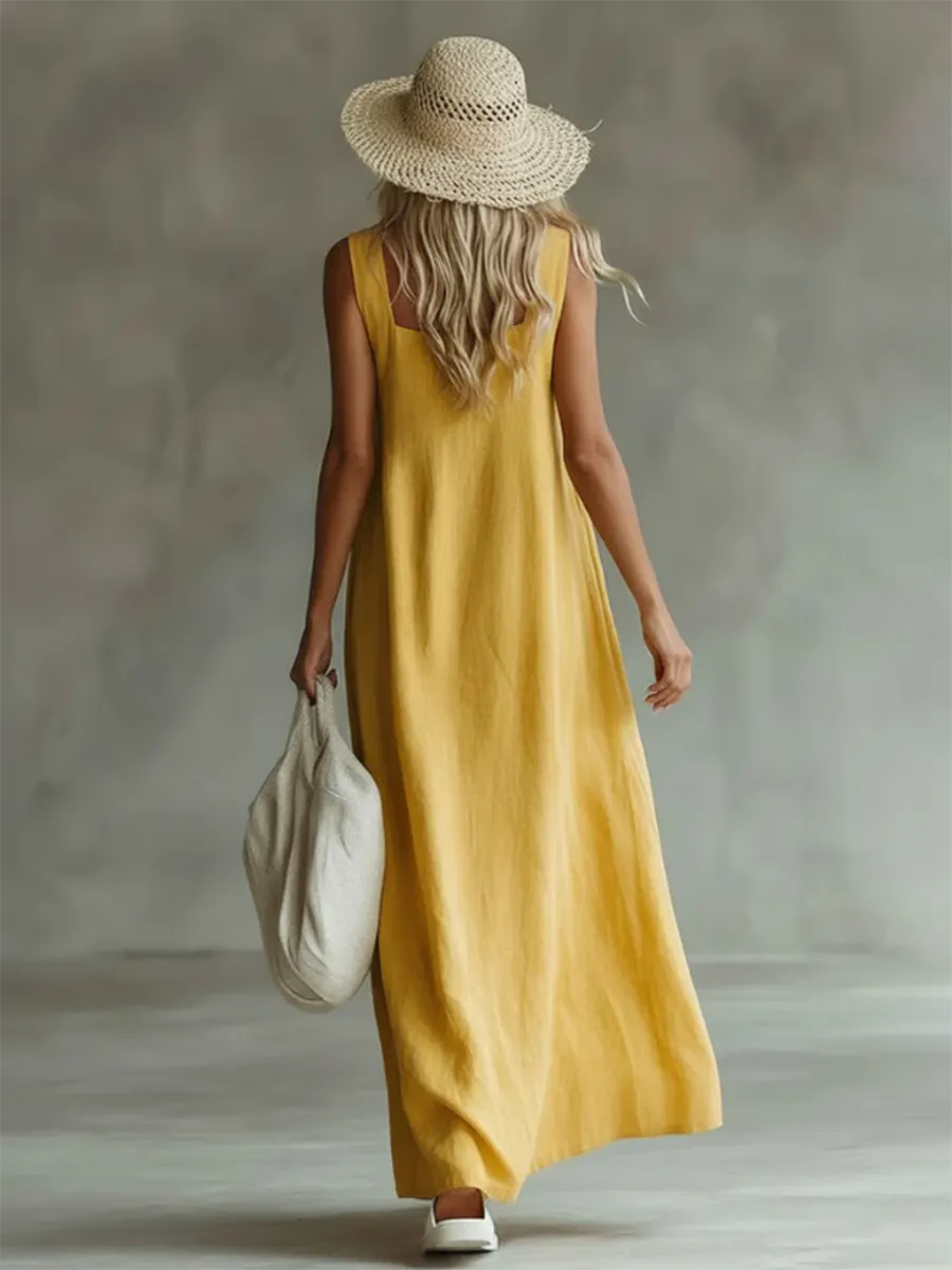 Casual Bohemian Floral-print Cotton-linen Dress
